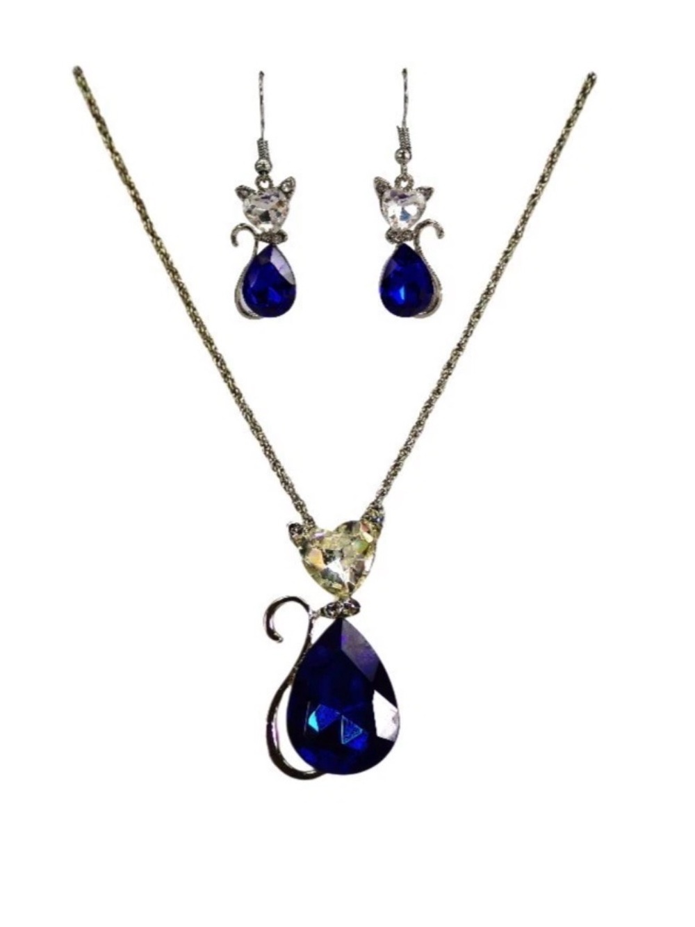 Cat Crystal Pendant Necklace and Earring Set in Blue and Clear Crystals NEW